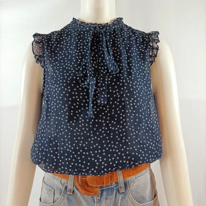 Top sans manches Zara Trafaluc bleu marine à imprimé étoiles, col à nœud A1142 - photo numéro 3