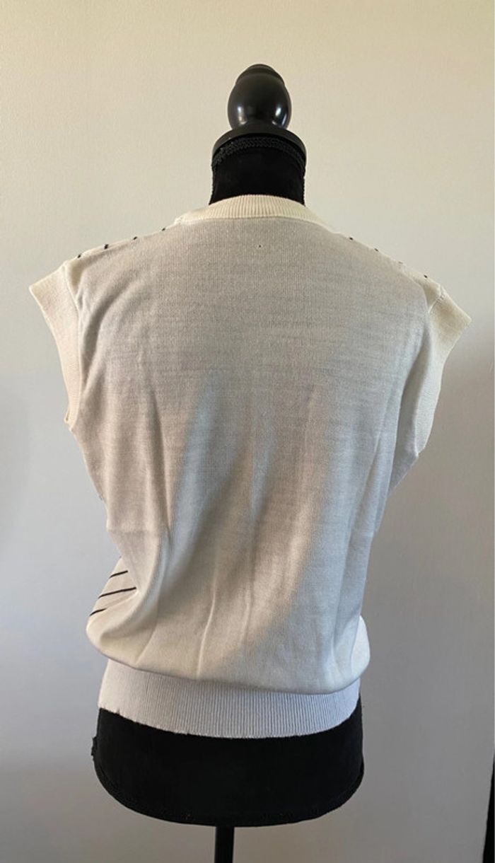 Tee shirt débardeur vintage en maille blanc avec rayures asymétriques noires taille S - photo numéro 4