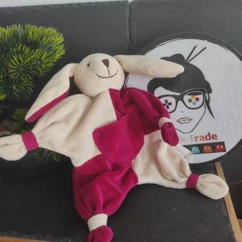 Doudou Lapin Beige Rose Framboise Noeuds Plat Poche Marron   #geektradedoudou