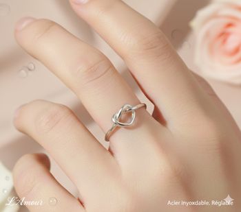 Bague argentée noeud coeur réglable en acier inoxydable