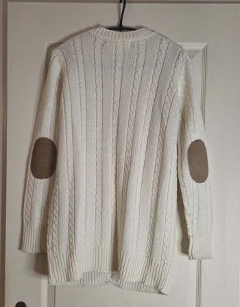 Gilet long Zara Knit maille torsadée écru – coudières camel – Taille M – Excellent état