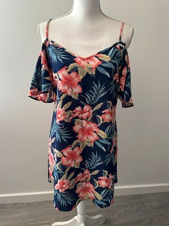 Robe fleurs tropicales bleue marine et rose T38 M