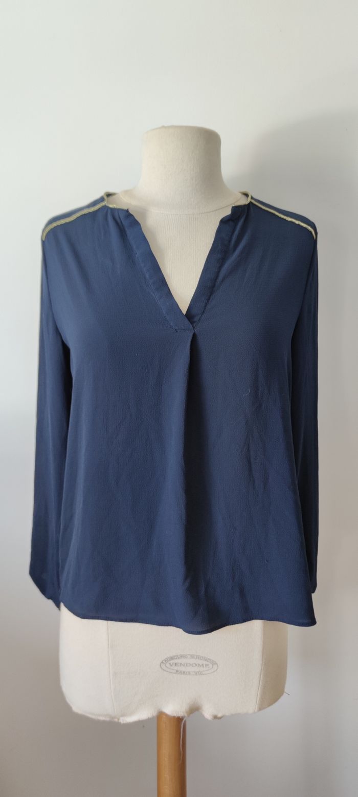 Haut Cache Cache femme taille S Bleu marine Manches longues Encolure V Bon état Chic fluide - photo numéro 3