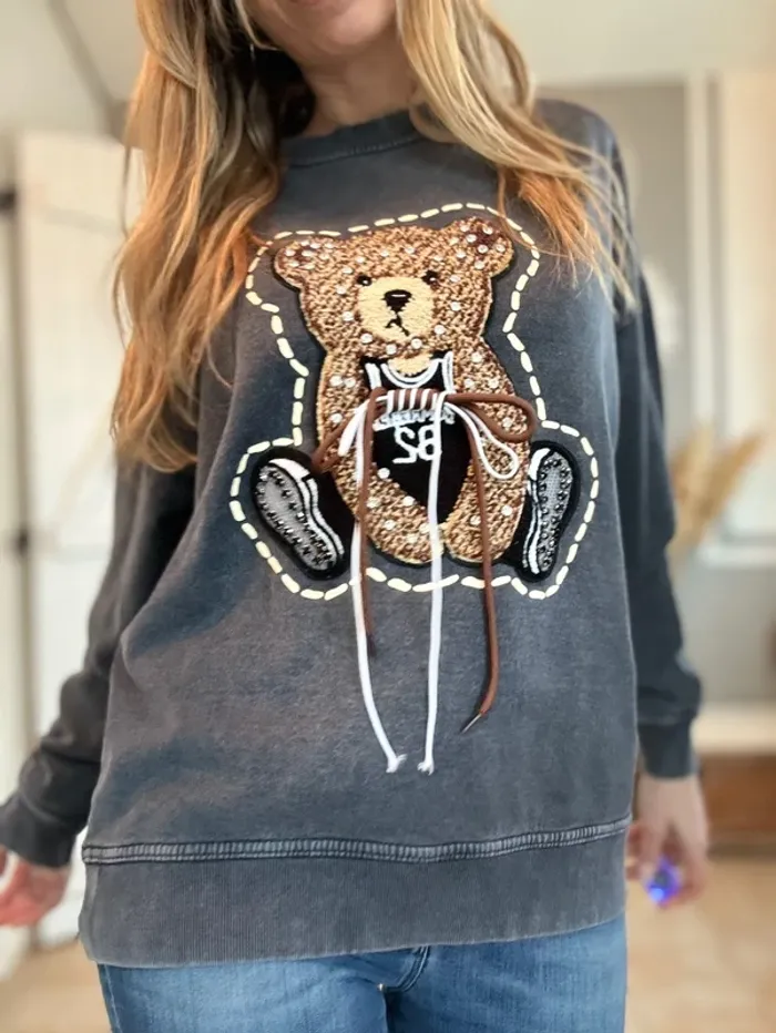 Sweat gris foncé noir ourson et strass Taille unique - photo numéro 3