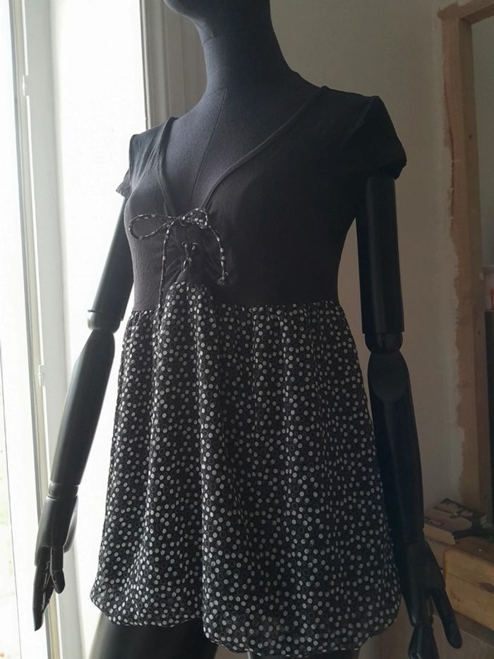 Haut tunique bi-matière à pois noir et blanc Taille 42 decolté