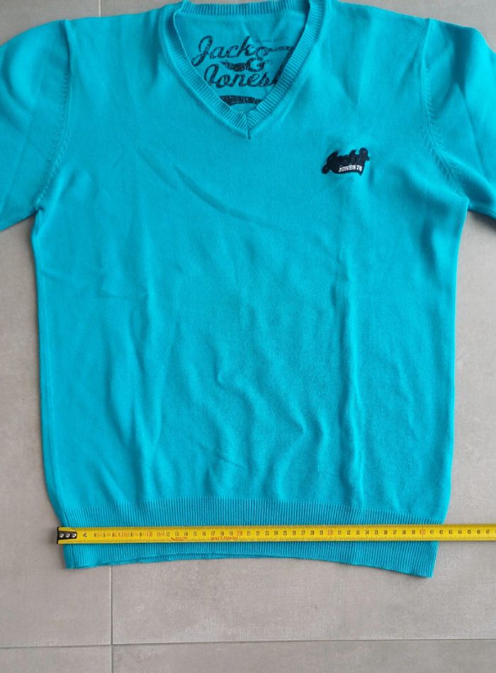 Pull à col V léger bleu turquoise Jack and Jones homme taille M logo brodé - photo numéro 11