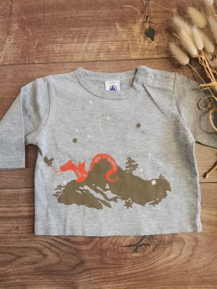 🌺Petit Bateau Pull manches longues gris dragon 3mois bebe garçon 60cm