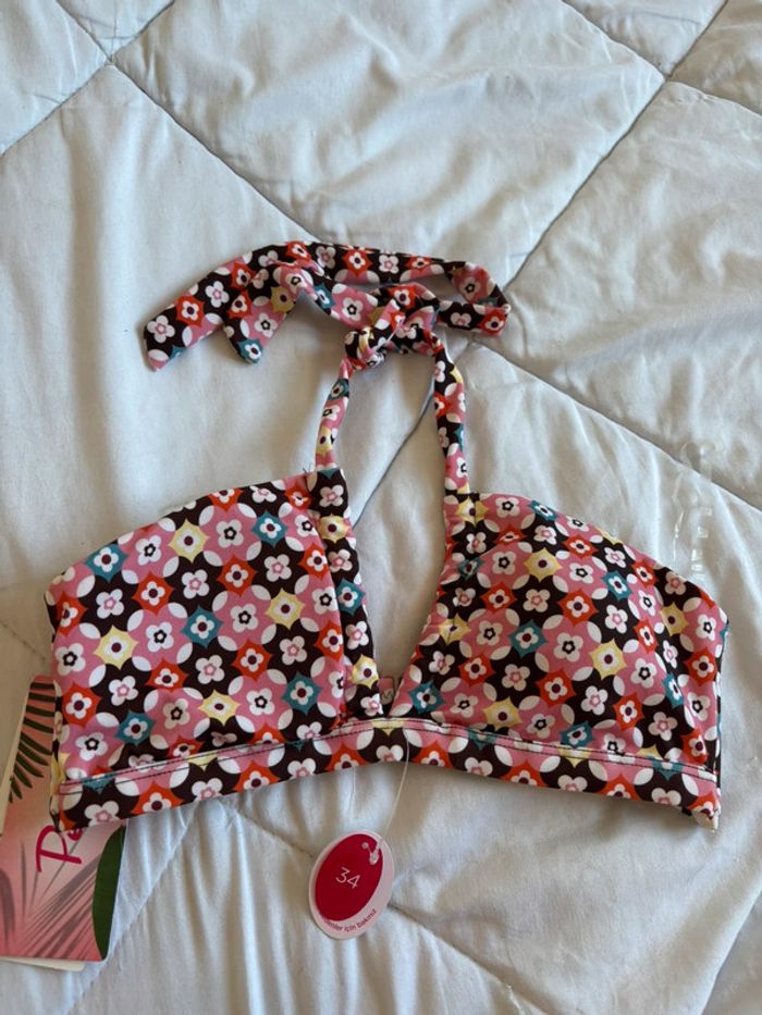 Maillot de bain attache autour du cou motif multicolore fleurs taille XS/34 neuf