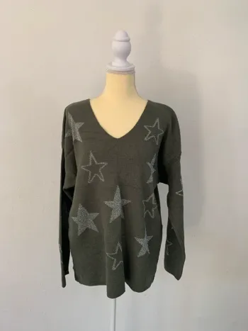 Pull kaki étoiles argentées pailletées - Taille Unique – Neuf