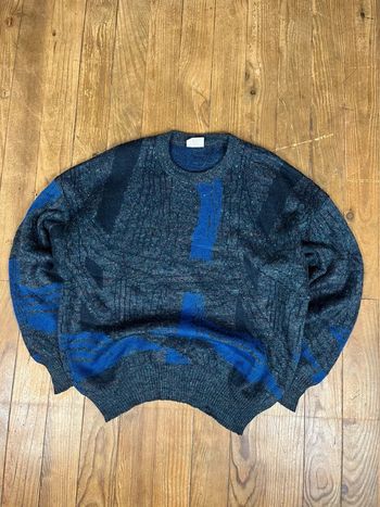 Pull maille vintage laine motifs noir marine L