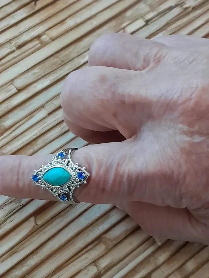 Bague argentée, Pierre turquoise, style Bohème strass, Taille 60 - photo numéro 4