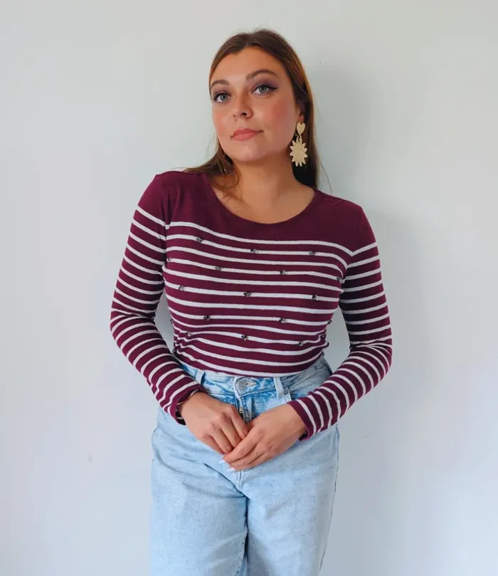 Pull léger marinière Bordeaux casual chic strass automne Massimo dutti taille 38 - photo numéro 3