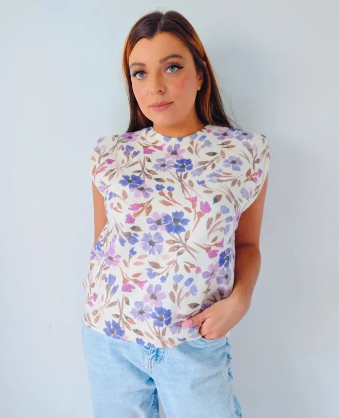 Tee-shirt gilet avec épaulettes lainage doux  fleuri mauve moderne tendance rétro Taille 38 - photo numéro 6