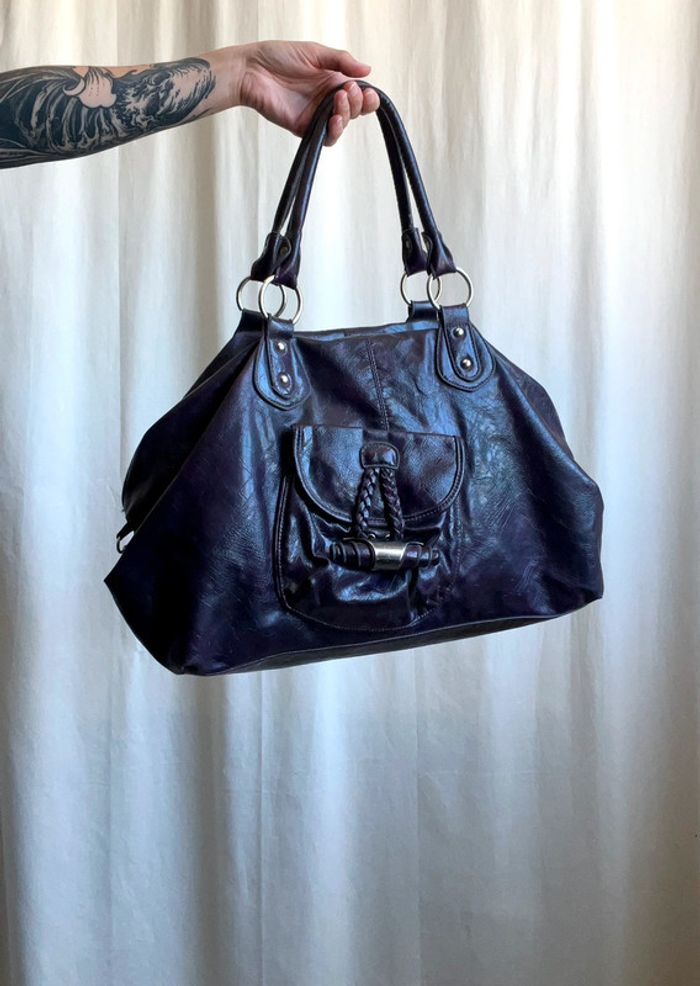 Sac à main porté épaule fourre tout violet foncé prune vintage 90s - photo numéro 2