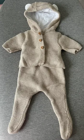 Ensemble naissance 3 pièces en point mousse - beige chiné