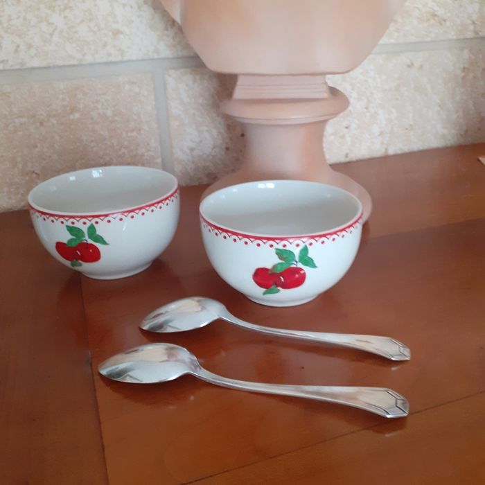 2 Petits Bols faïence+ 2 cuillères métal argenté*2 poinçons - photo numéro 2