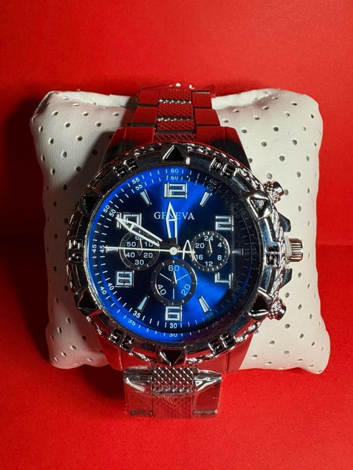 montre Geneva argenté avec cadran bleu stylisé à quartz pour hommes - photo numéro 3