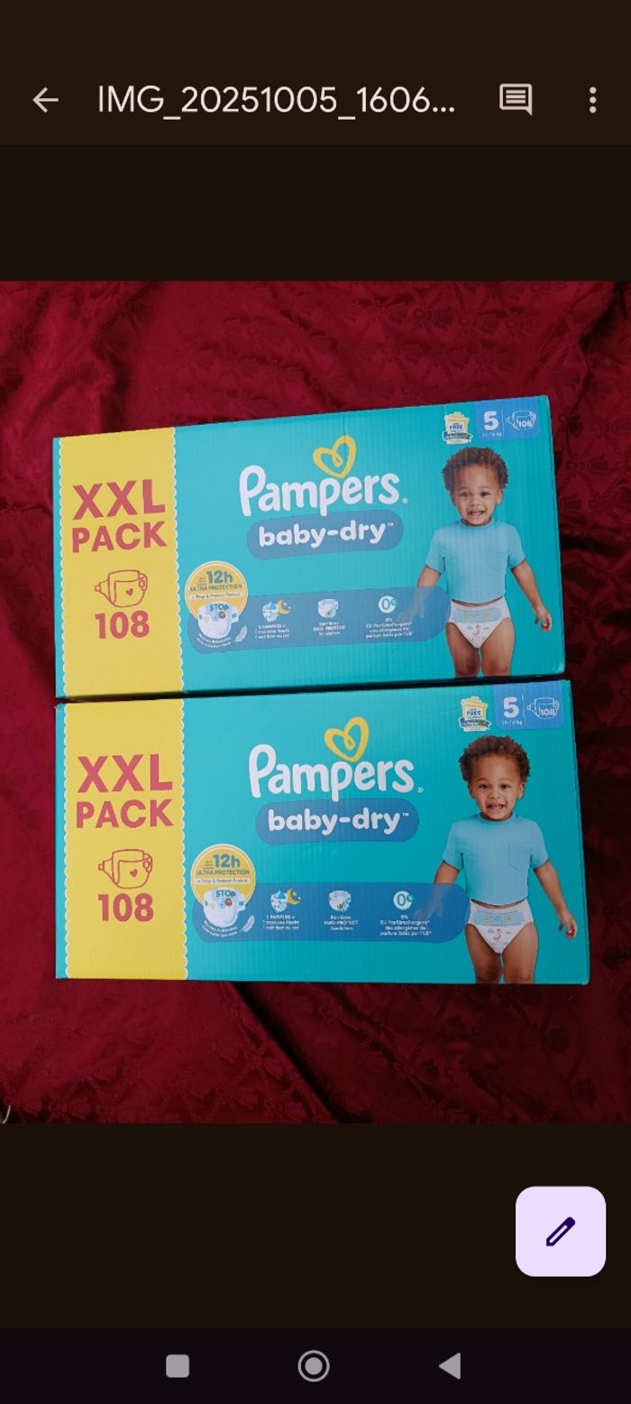 2 gros cartons de couches Pampers baby-dry T5 taille 5 XXL