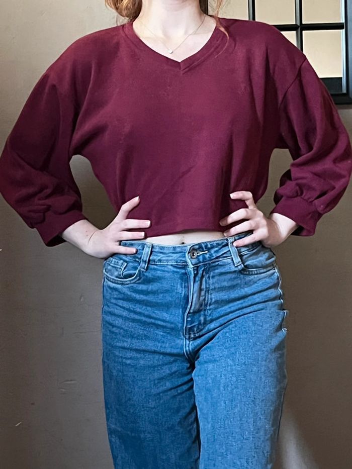 Crop pull bordeaux avec manches bouffantes - photo numéro 9