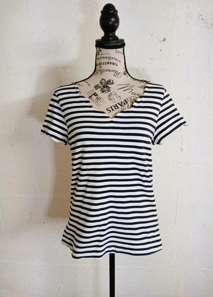 T-shirt rayé marine & blanc Camaïeu Taille L Bon état - photo numéro 5