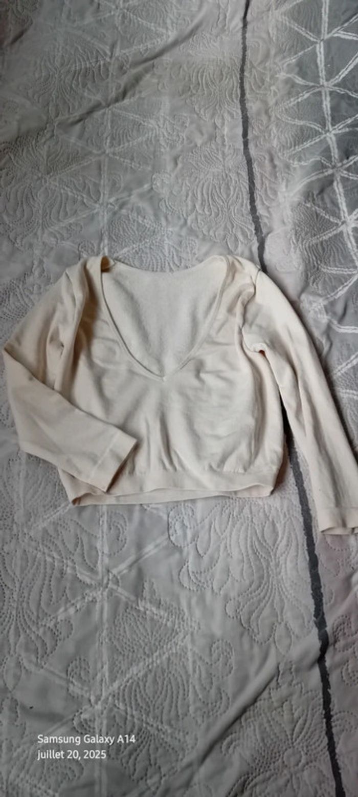 Haut court manches longues en velours côtelé col en V ecru femme S - photo numéro 11