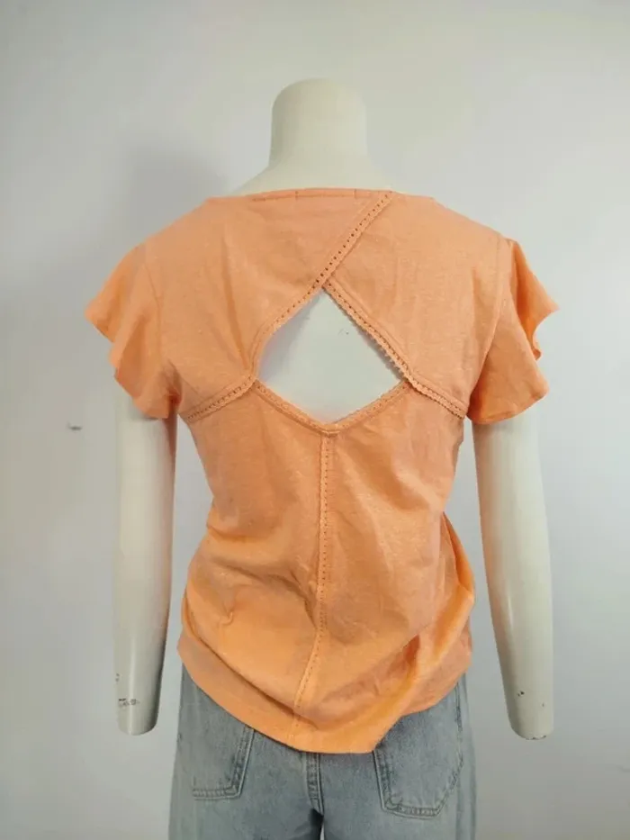 T-shirt corail fluide col V avec dos ajouré style bohème chic manches volantées femme M A967 - photo numéro 3