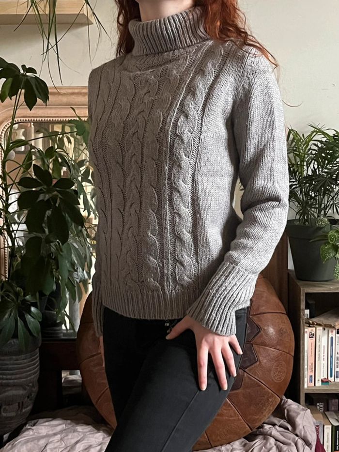 Pull d’hiver col roulé en maille avec motifs - gris clair - photo numéro 2