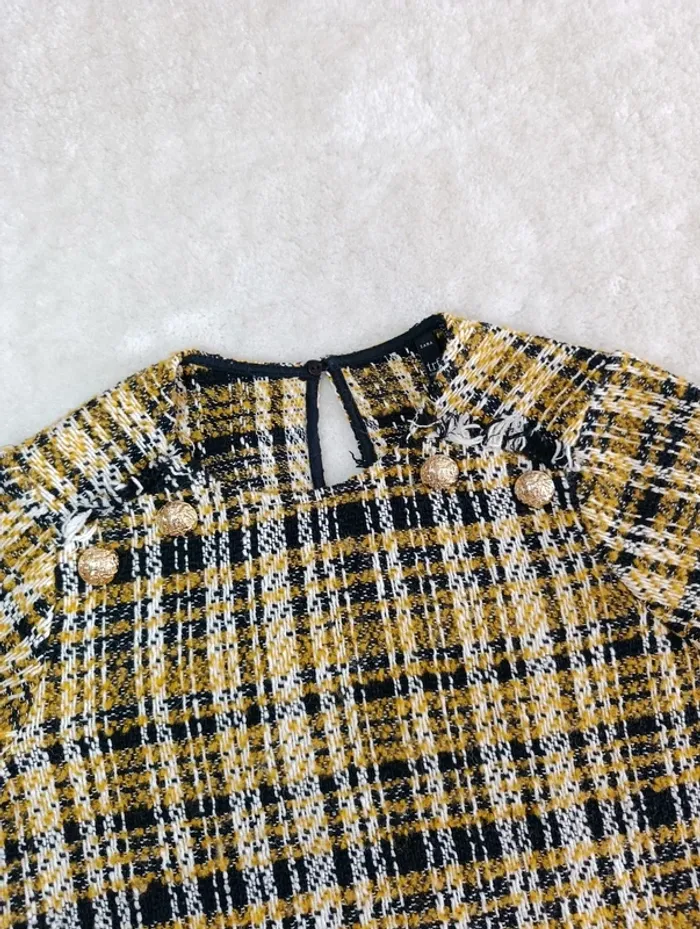 Blouse en laine tweed top Zara noir jaune blanc XS boutons doré vintage - photo numéro 5
