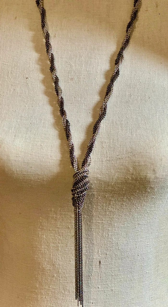 Collier sautoir chaînes éboulés tressées acier inoxydable argent et noir - photo numéro 2