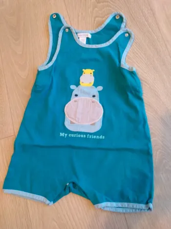Barboteuse/combinaison turquoise bébé garçon hippopotame Obaïbi 9 mois