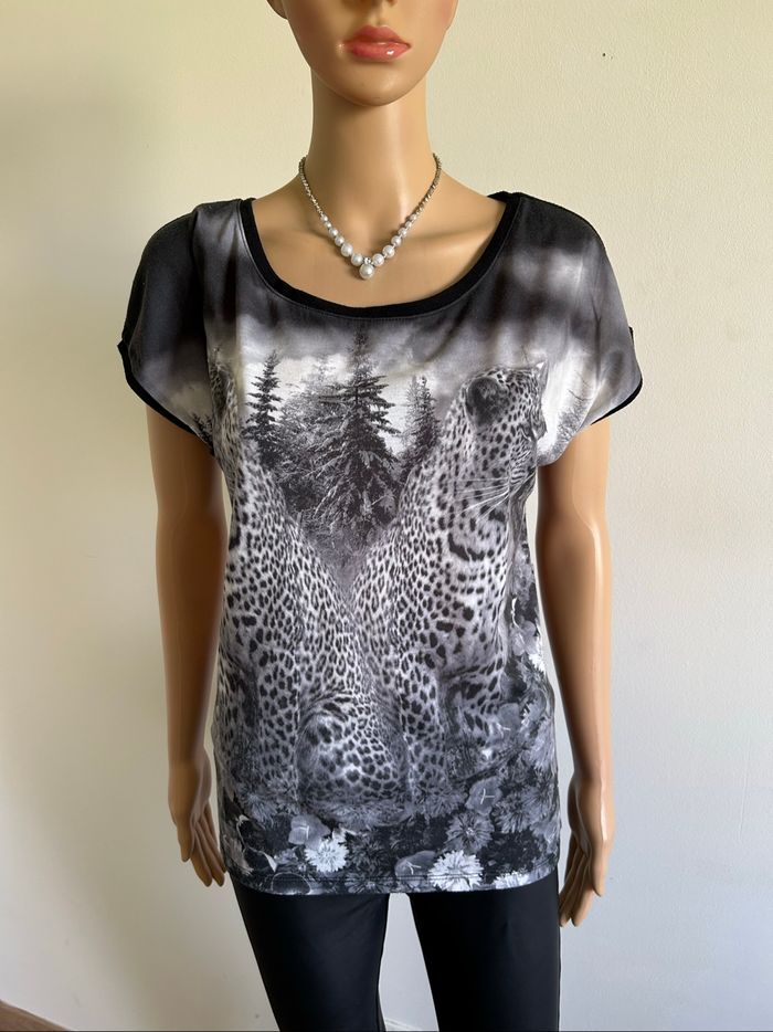 Blouse noire et grise à manches courtes Cache Cache taille 2 bon état