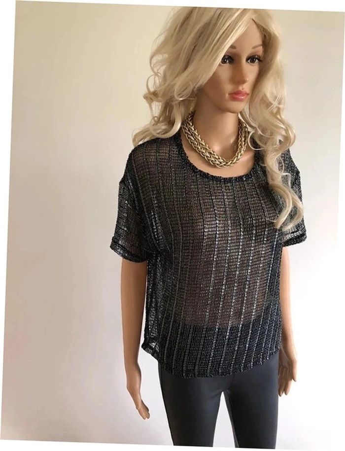 Top noir et argenté à manches courtes Morgan taille S TBE - photo numéro 2