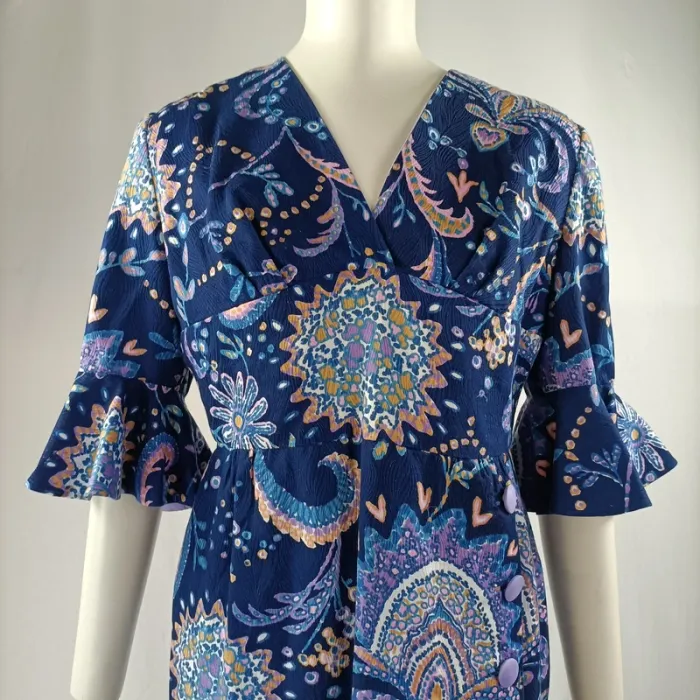 Robe longue bleu nuit imprimé cachemire, manches volantées, doublée, taille estimée M A1217 - photo numéro 7