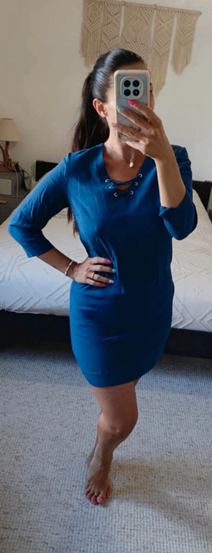 Robe légère Caroll bleu 40 laçage au décolleté manches 3/4 - photo numéro 3