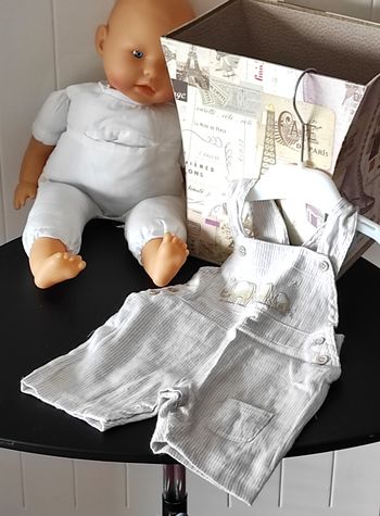 👶 Salopette short bébé garçon 3 mois – lin & coton – motif éléphants 🐘