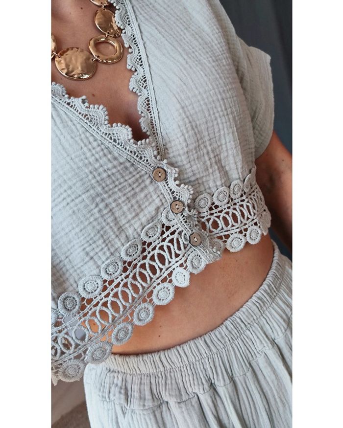 Ensemble 100% gaze de coton & dentelle Beige – Fabriqué en Italie 🇮🇹 - photo numéro 2