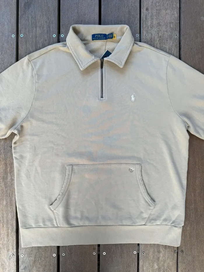 Sweat 1/4 Zip 100% coton - Ralph Lauren (NEUF) - Beige foncé Logo Brodé Blanc - Taille XL - photo numéro 6