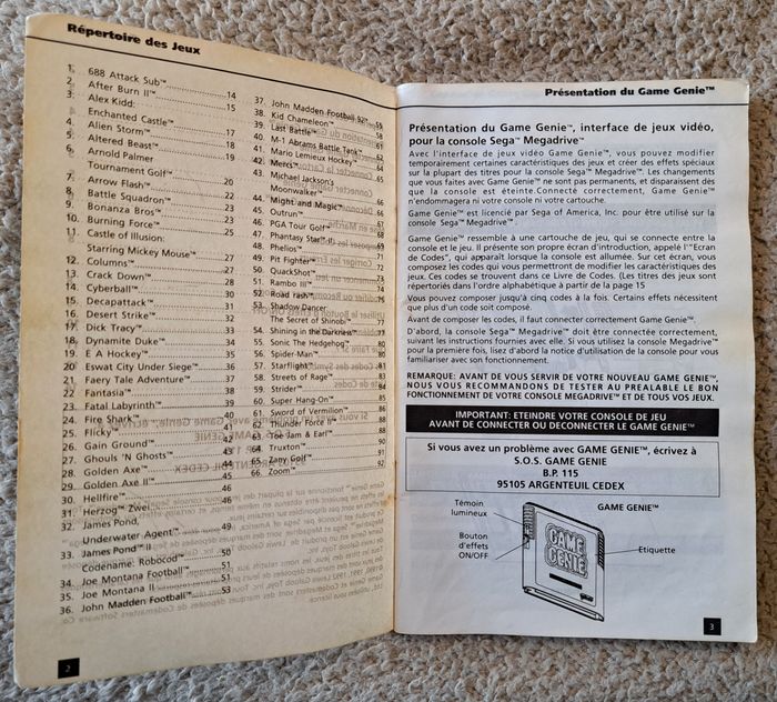🎮 Livre de codes Game Genie Sega Megadrive MD - photo numéro 3