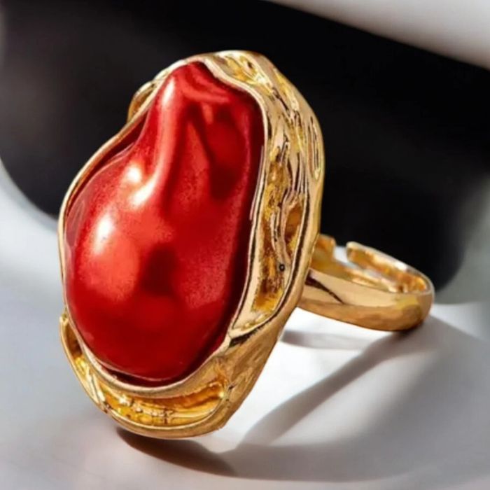 Magnifique bague ajustable acier inoxydable pierre rouge