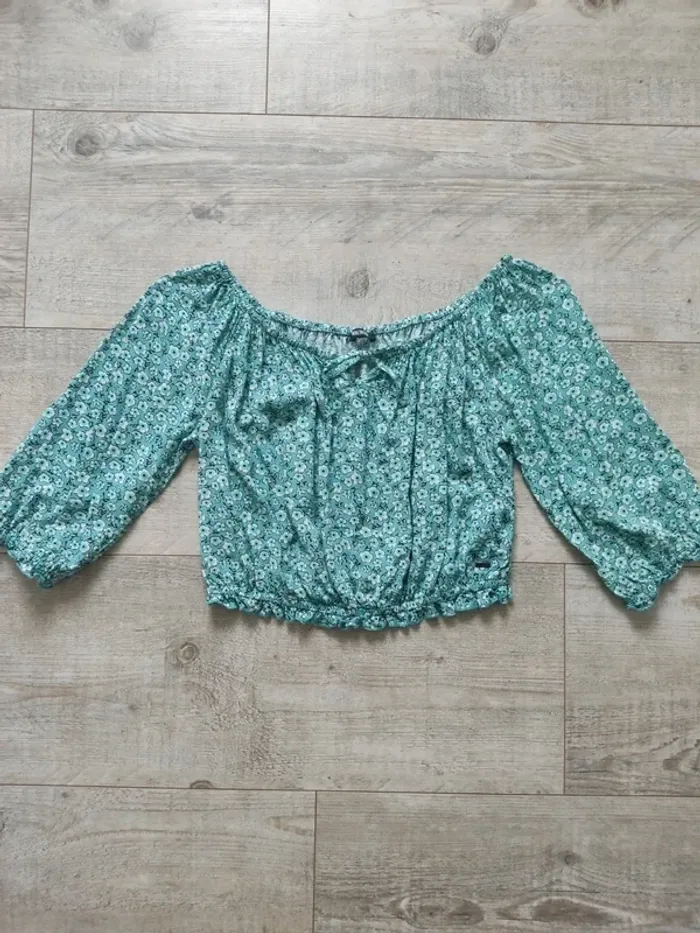 Blouse manches 3/4 taille smockée motifs fleuris tons bleu et vert taille 44 Liberto - photo numéro 7
