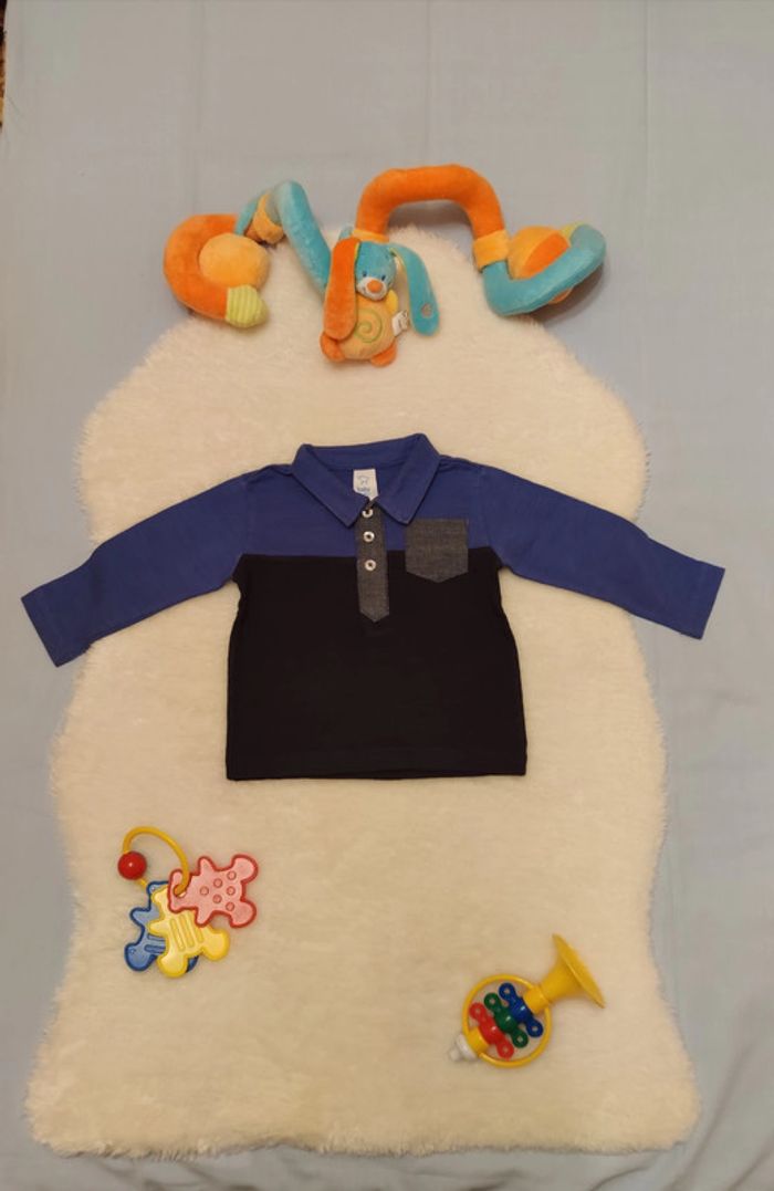 Polo manches longues tricolore T. 74cm / 9 mois Baby Club 💮 100% Coton