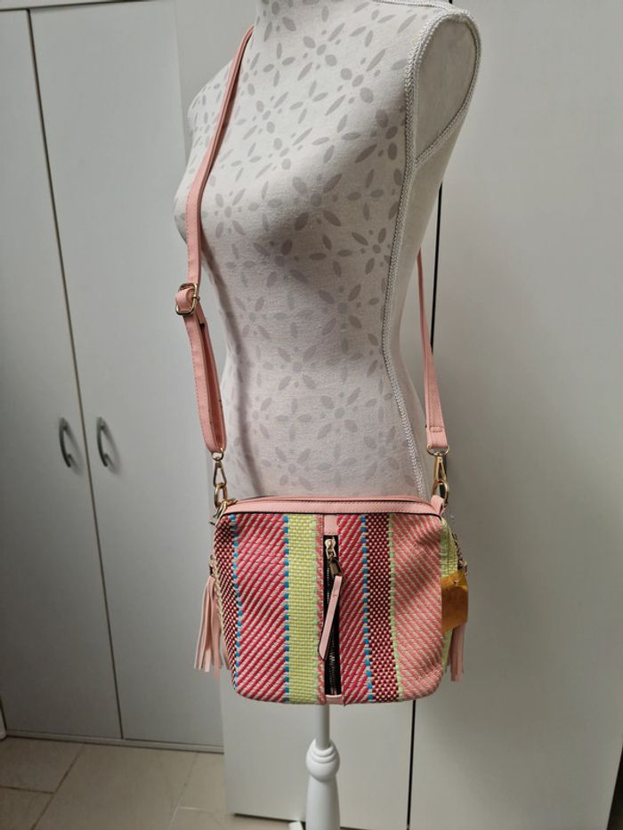 Sac Bandoulière Tressé Multicolore Pompons Franges Roses - photo numéro 2