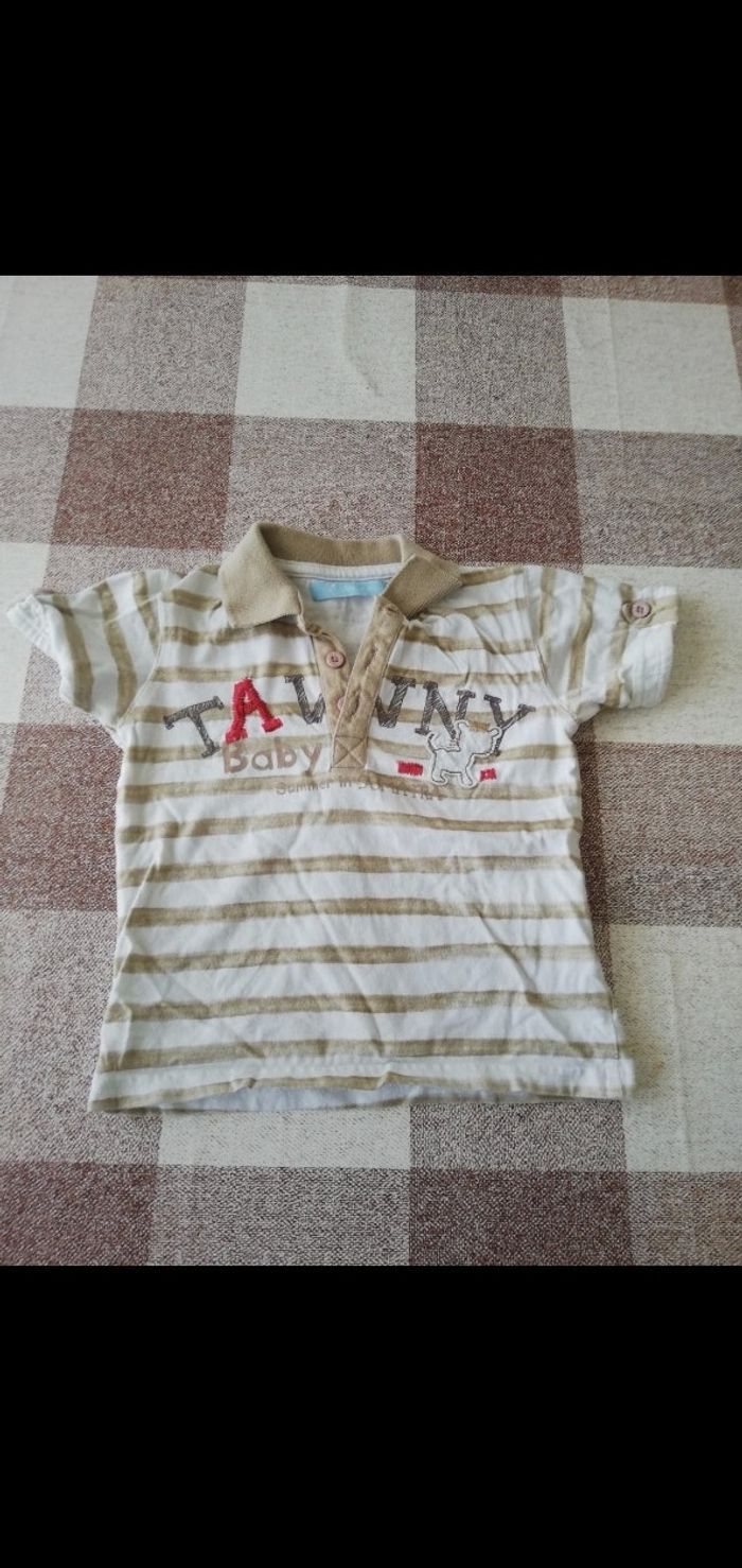 Polo 18 mois rayé blanc/taupe manches courtes Gémo