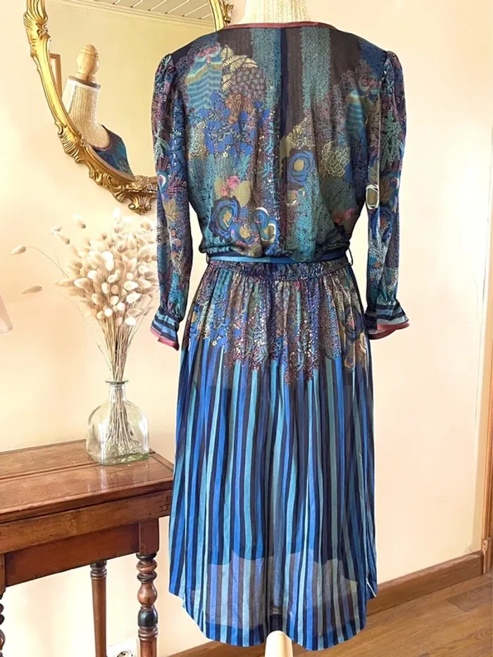 Robe à Motifs Végétal Panthère Plissé – Multi-Couleurs – Vintage – Taille M - photo numéro 5