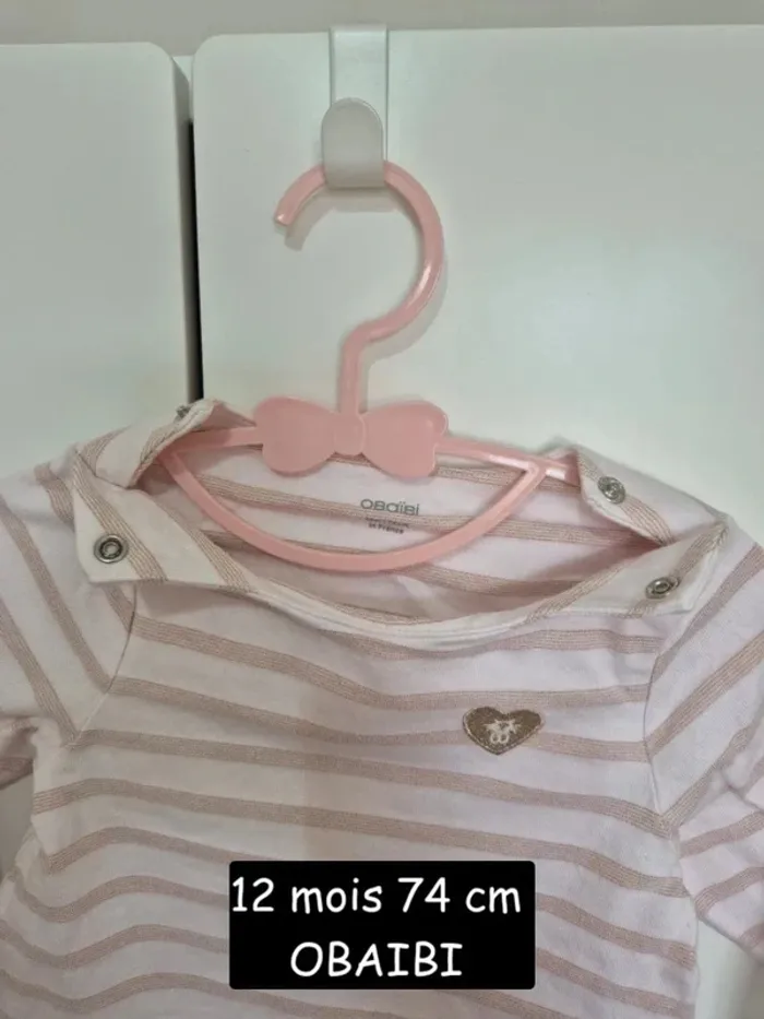 Collection 2025 T-shirt marinière rayé OBAIBI 12 mois 74cm  coton bio rose bébé fille - photo numéro 5