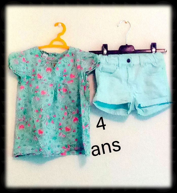 4 ans Ensemble 2 pièces h&m (autres) short et tunique turquoise fleuri print été /Excellent état - photo numéro 3