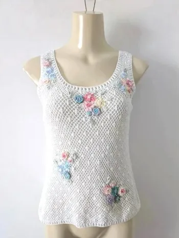 Débardeur blanc brodé vintage - 100% coton - Sun Ling - taille 1 (34/36)