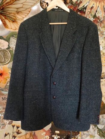 🍁 Magnifique blazer vintage en laine chevron vert sapin herringbone jacket wool made in France 🇫🇷