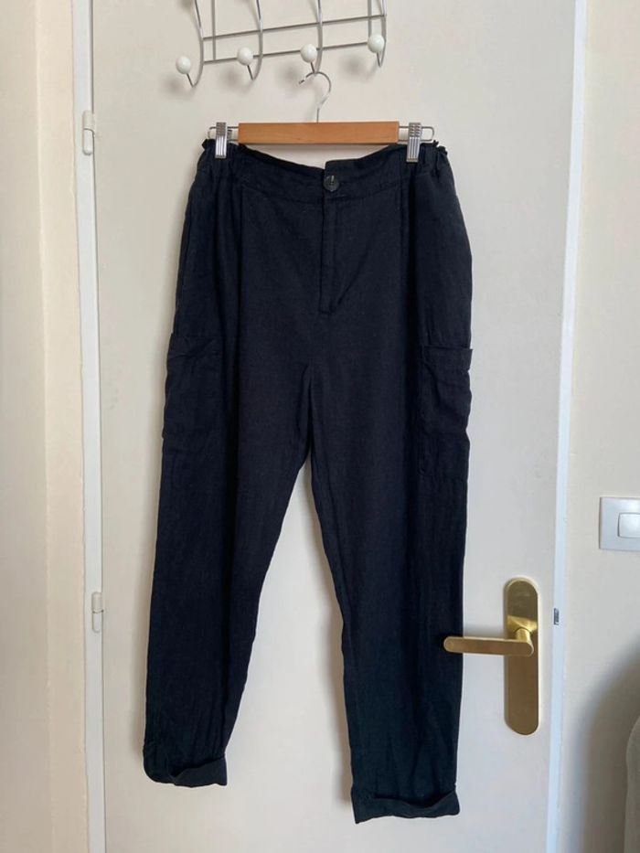 Pantalon ample noir mélange lin Zara Taille S - photo numéro 2