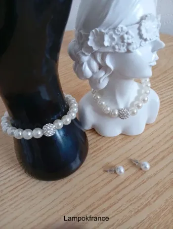 Solde 💝 Ensemble collier en perles blanches bracelet rpt boucles d'oreilles fantaisie chic classe